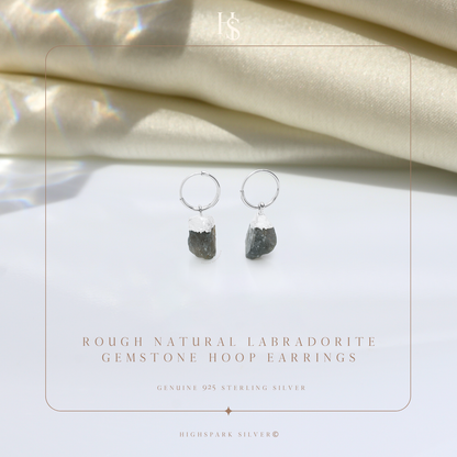 Natural Raw Gemstone Labradorite Rough Cut Hoop Earrings in 92.5 Sterling Silver