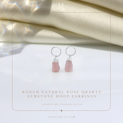 Natural Raw Gemstone Rose Quartz Rough Cut Hoop Earrings in 92.5 Sterling Silver