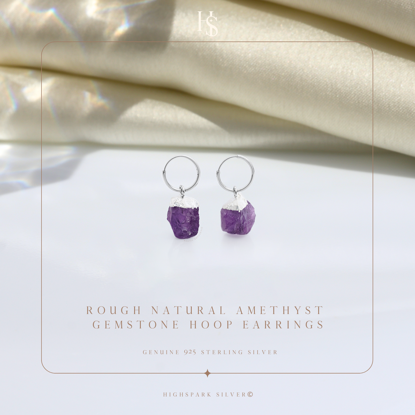 Natural Raw Gemstone Amethyst Rough Cut Hoop Earrings in 92.5 Sterling Silver