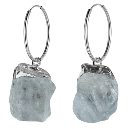 Natural Raw Gemstone Aquamarine Rough Cut Hoop Earrings in 92.5 Sterling Silver