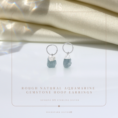 Natural Raw Gemstone Aquamarine Rough Cut Hoop Earrings in 92.5 Sterling Silver