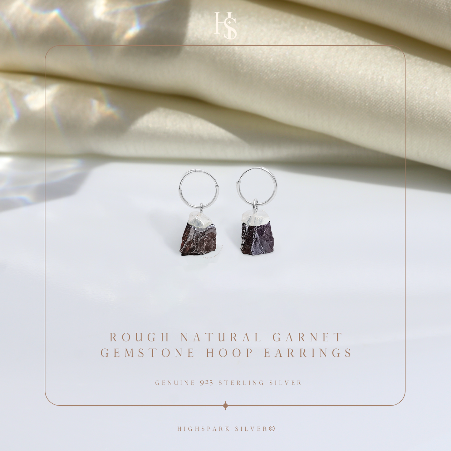 Natural Raw Gemstone Garnet Rough Cut Hoop Earrings in 92.5 Sterling Silver