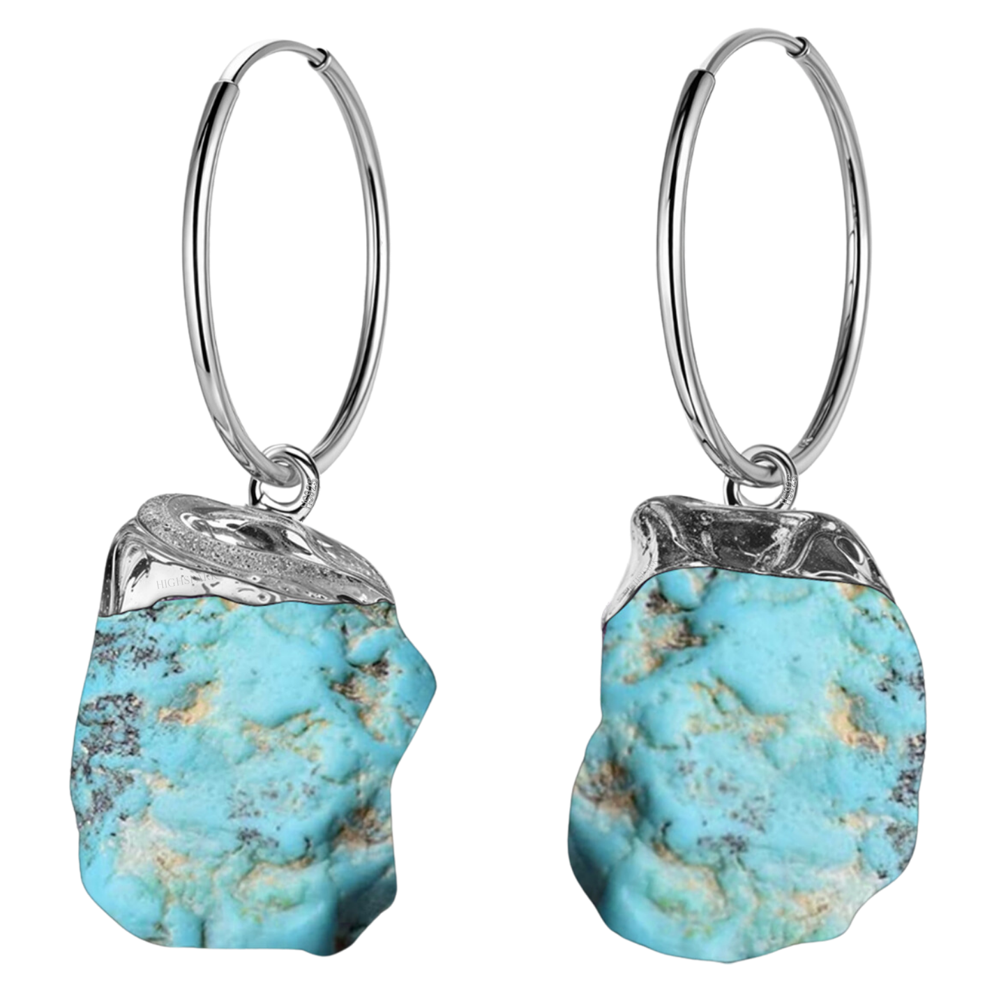 Natural Raw Gemstone Turquoise Rough Cut Hoop Earrings in 92.5 Sterling Silver