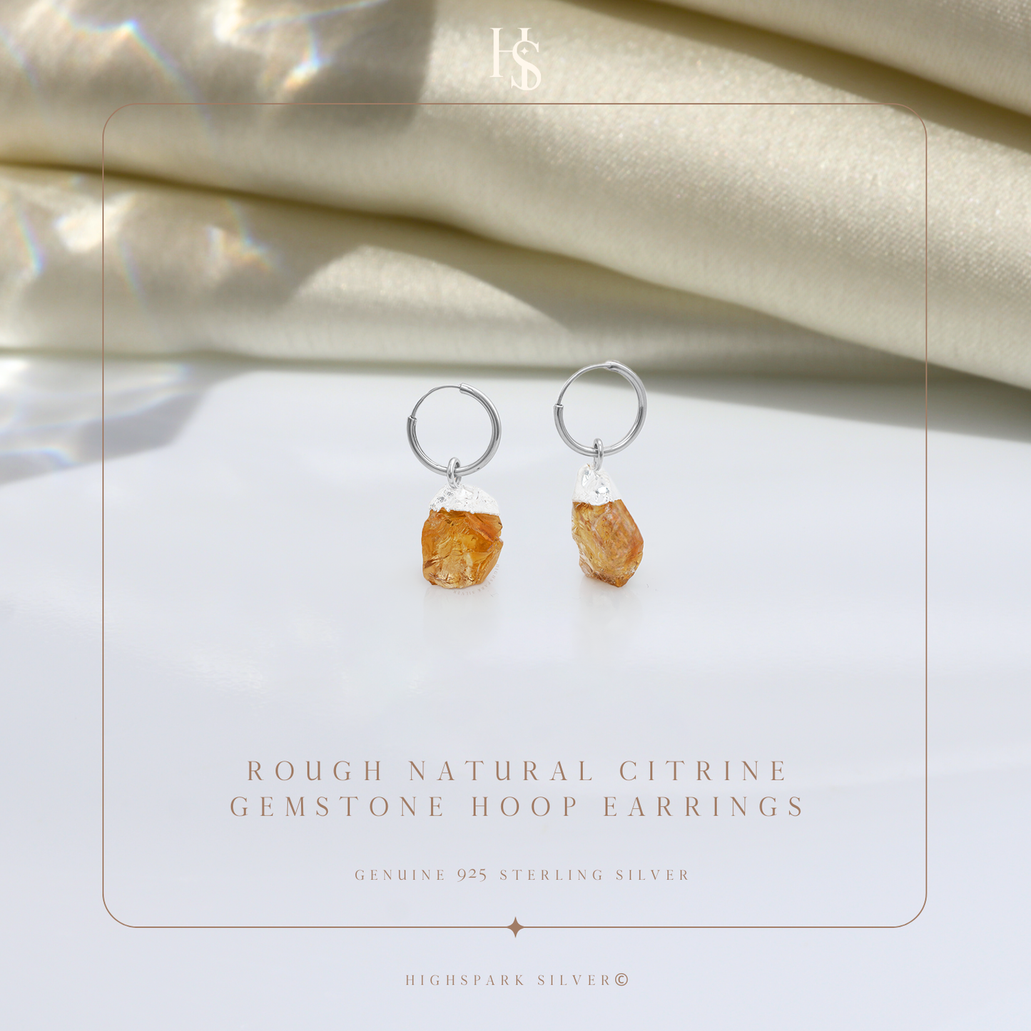 Natural Raw Gemstone Citrine Rough Cut Hoop Earrings in 92.5 Sterling Silver