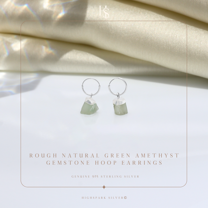 Natural Raw Gemstone Green Amethyst Rough Cut Hoop Earrings in 92.5 Sterling Silver