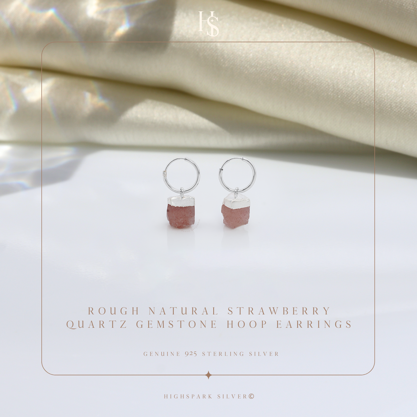 Natural Raw Gemstone Strawberry Quartz Rough Cut Hoop Earrings in 92.5 Sterling Silver