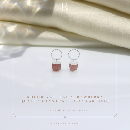 Natural Raw Gemstone Strawberry Quartz Rough Cut Hoop Earrings in 92.5 Sterling Silver