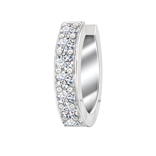 A single sterling silver hoop earring for men with a row of channel-set American diamonds, shown against a white background.