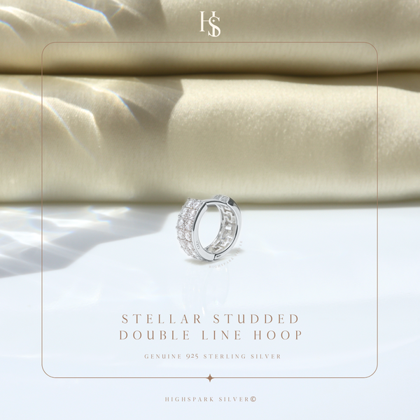 Mens Studded Double Line Hoop Earring in 92.5 Silver embellished with Swiss Zirconia