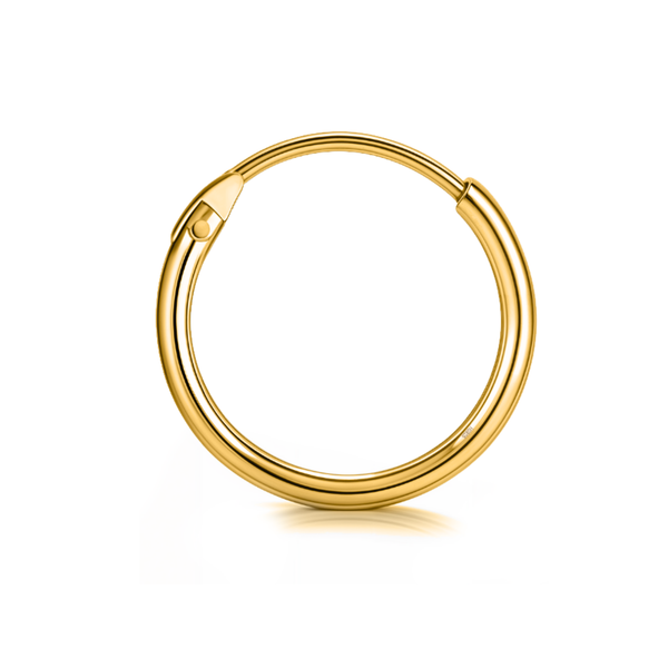 A classic 12mm hoop earring crafted from gold-plated sterling silver with a polished finish, shown on a reflective white background.