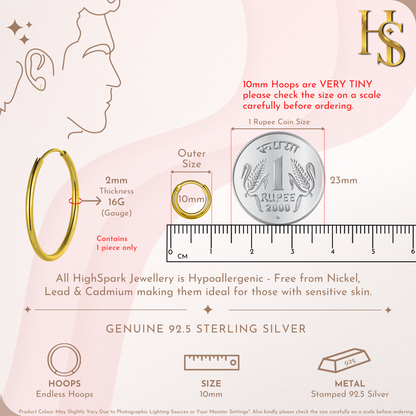 Mens Gold Thick Hoop Earrings in 92.5 Sterling Silver - Round Classic Hoop - Sizes 10mm to 20mm on 18K Gold Finish