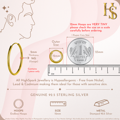 Mens Gold Thick Hoop Earrings in 92.5 Sterling Silver - Round Classic Hoop - Sizes 10mm to 20mm on 18K Gold Finish