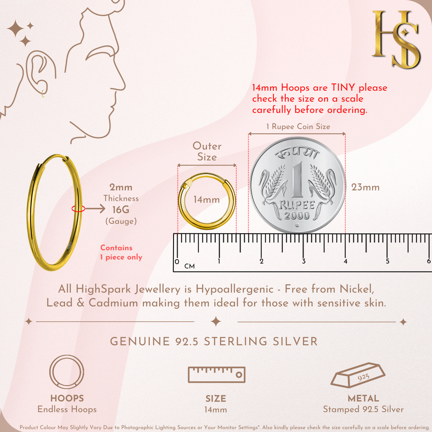 Mens Gold Thick Hoop Earrings in 92.5 Sterling Silver - Round Classic Hoop - Sizes 10mm to 20mm on 18K Gold Finish