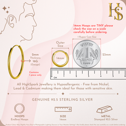 Mens Gold Thick Hoop Earrings in 92.5 Sterling Silver - Round Classic Hoop - Sizes 10mm to 20mm on 18K Gold Finish