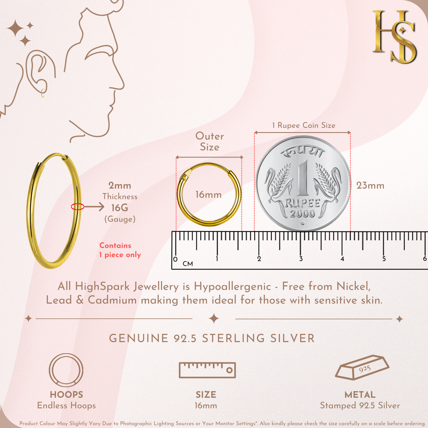 Mens Gold Thick Hoop Earrings in 92.5 Sterling Silver - Round Classic Hoop - Sizes 10mm to 20mm on 18K Gold Finish