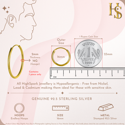 Mens Gold Thick Hoop Earrings in 92.5 Sterling Silver - Round Classic Hoop - Sizes 10mm to 20mm on 18K Gold Finish