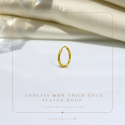 Mens Gold Thick Hoop Earrings in 92.5 Sterling Silver - Round Classic Hoop - Sizes 10mm to 20mm on 18K Gold Finish