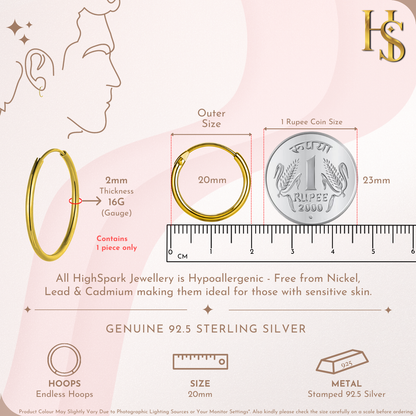 Mens Gold Thick Hoop Earrings in 92.5 Sterling Silver - Round Classic Hoop - Sizes 10mm to 20mm on 18K Gold Finish