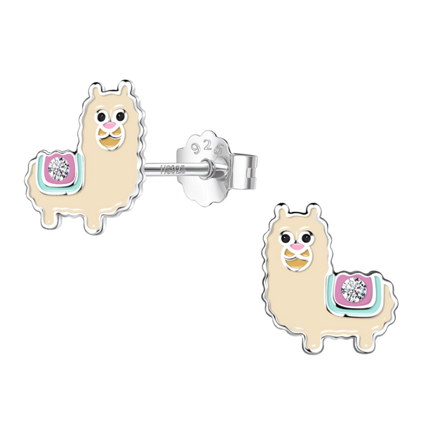 A pair of alpaca-shaped stud earrings in sterling silver with beige, pink, and mint enamel and a bezel-set American diamond.