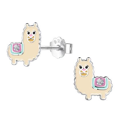 Charming Alpaca Cute Enamel Stud Earrings in 925 Sterling Silver for Girls