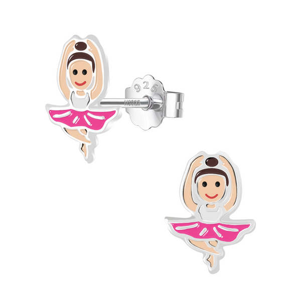 Sterling silver stud earrings shaped like a dancing ballerina with pink, white, and brown enamel detailing, shown on a white background.