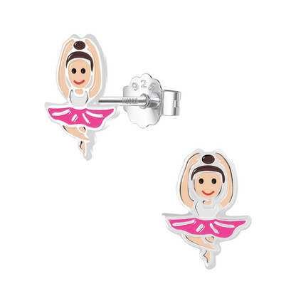 Dancing Ballerina Cute Enamel Stud Earrings in 925 Sterling Silver for Girls