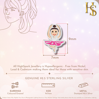 Dancing Ballerina Cute Enamel Stud Earrings in 925 Sterling Silver for Girls