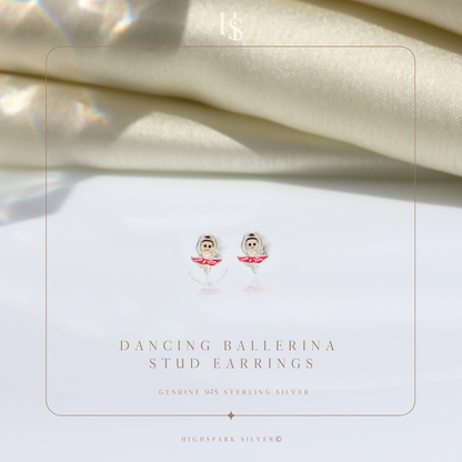 Dancing Ballerina Cute Enamel Stud Earrings in 925 Sterling Silver for Girls