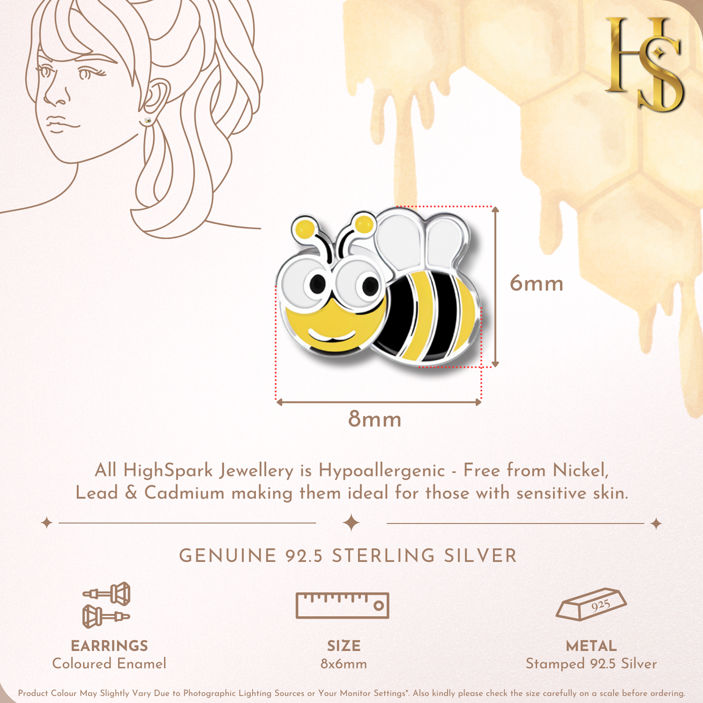 Classic Honeybee Cute Enamel Stud Earrings in 925 Sterling Silver