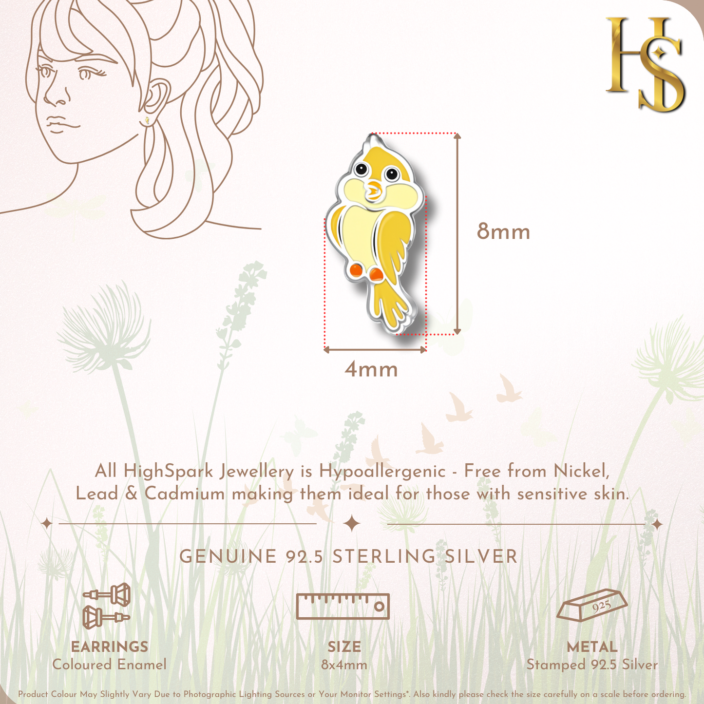 Sunshine Bird Cute Enamel Stud Earrings in 925 Sterling Silver