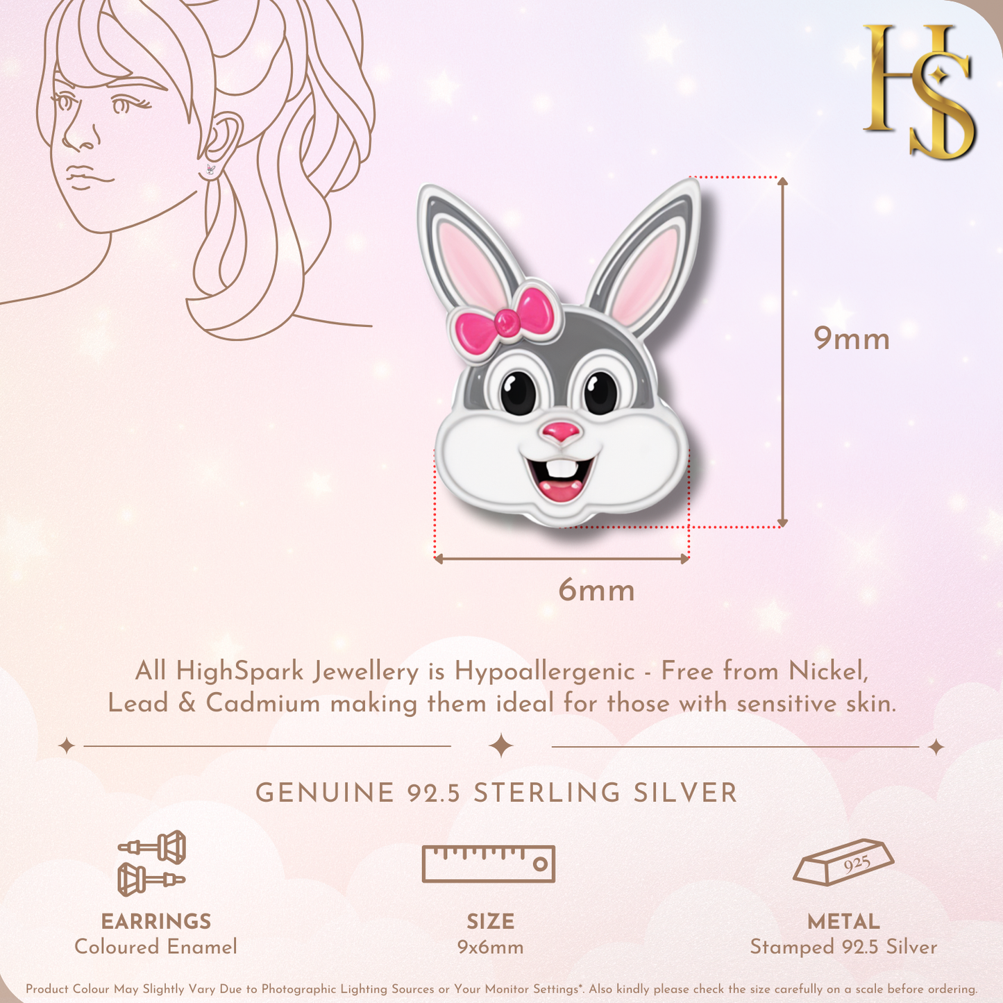 Easter Bunny Cute Enamel Stud Earrings in 925 Sterling Silver