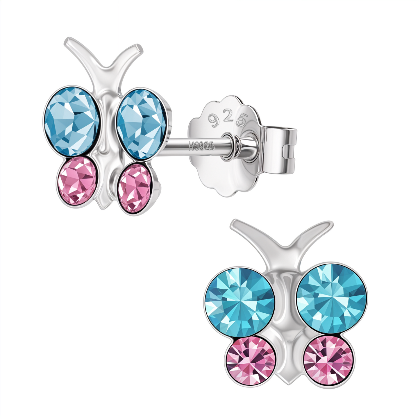 Whimsical Crystal butterfly Cute Enamel Stud Earrings in 925 Sterling Silver