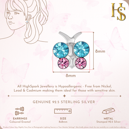 Whimsical Crystal butterfly Cute Enamel Stud Earrings in 925 Sterling Silver