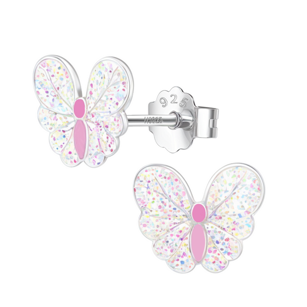 A pair of sterling silver stud earrings in a butterfly shape with pink enamel bodies and glittery, multi-coloured enamel wings.