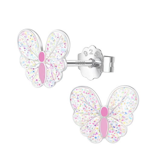 Glittery Butterfly Cute Enamel Stud Earrings in 925 Sterling Silver