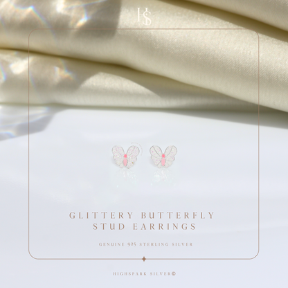 Glittery Butterfly Cute Enamel Stud Earrings in 925 Sterling Silver