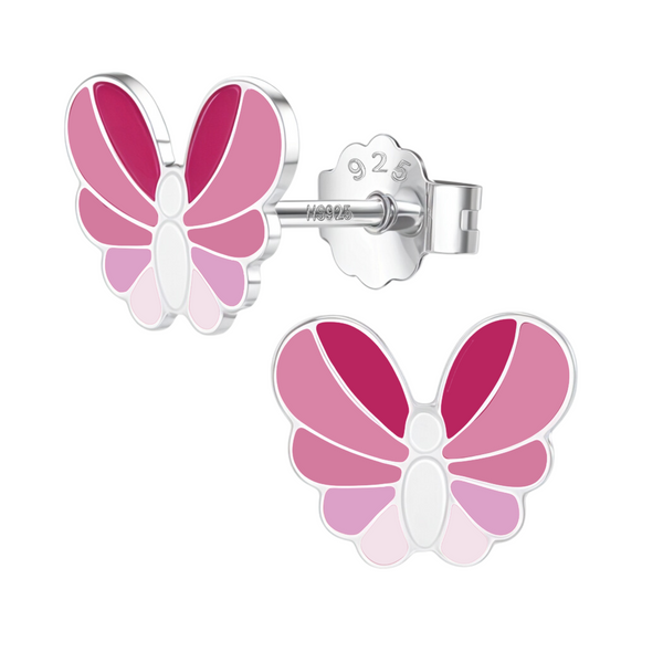 A pair of butterfly stud earrings with pink and white enamel detailing in sterling silver, shown with their push-back closures.