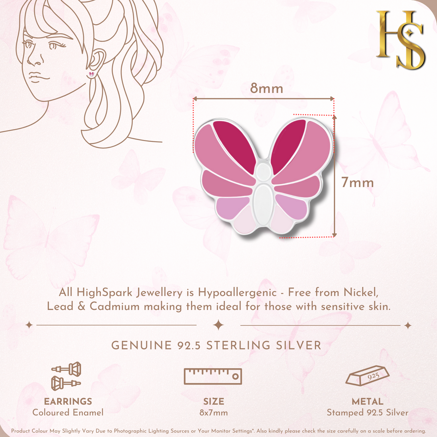 Candyfloss Butterfly Cute Enamel Stud Earrings in 925 Sterling Silver