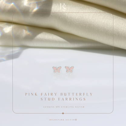 Pink Fairy Butterfly Cute Enamel Stud Earrings in 925 Sterling Silver