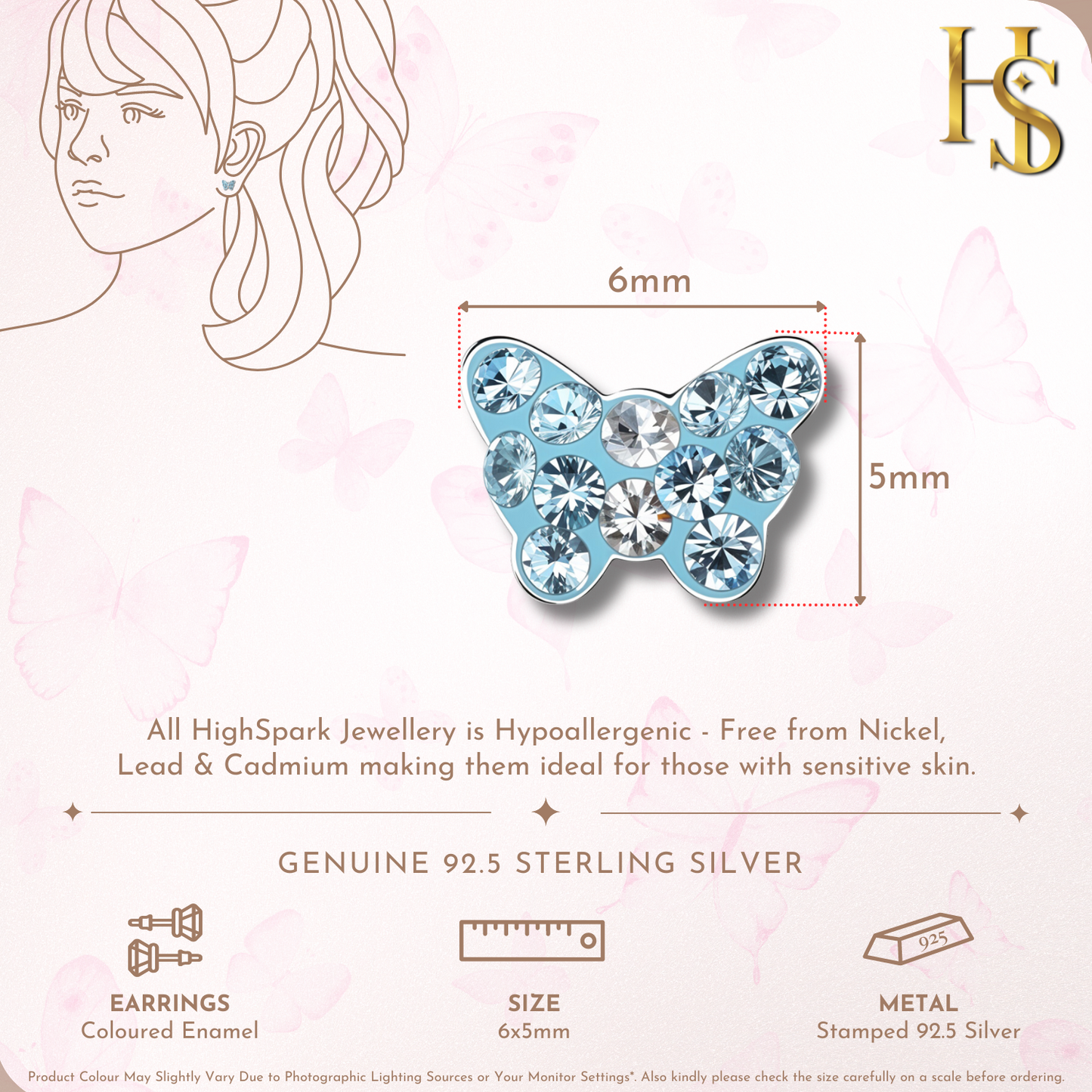 Cinderella Blue Butterfly Cute Enamel Stud Earrings in 925 Sterling Silver