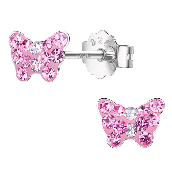 Butterfly stud earrings with pink and clear American diamonds set in sterling silver, shown on a white background.