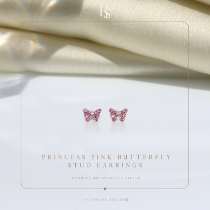 Princess Pink Butterfly Cute Enamel Stud Earrings in 925 Sterling Silver