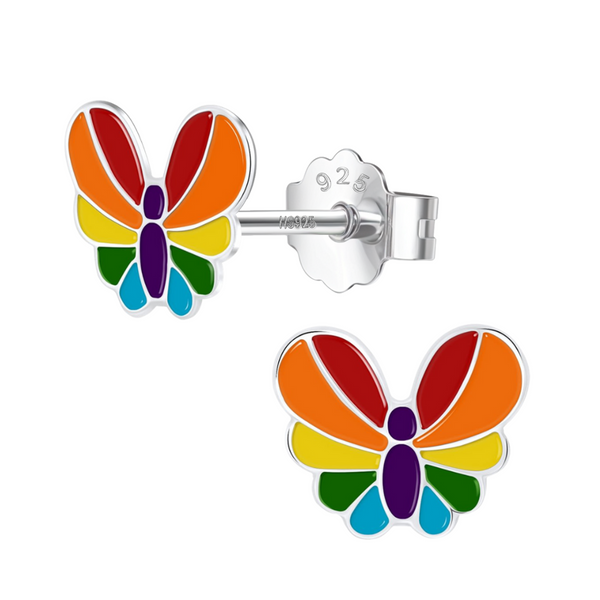 A pair of sterling silver stud earrings in a butterfly shape with rainbow-coloured enamel wings, shown on a white background.