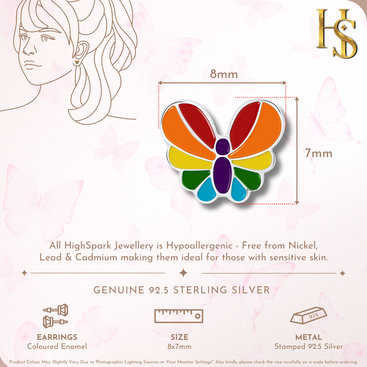 Rainbow Butterfly Cute Enamel Stud Earrings in 925 Sterling Silver