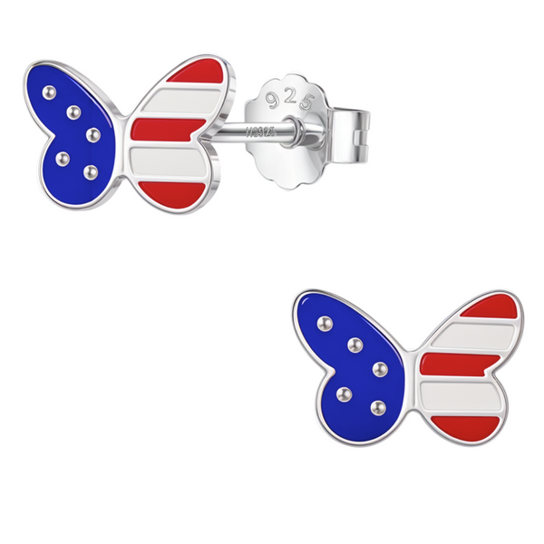 A pair of sterling silver butterfly stud earrings with red, white, and blue enamel in an American flag motif, shown on a white background.