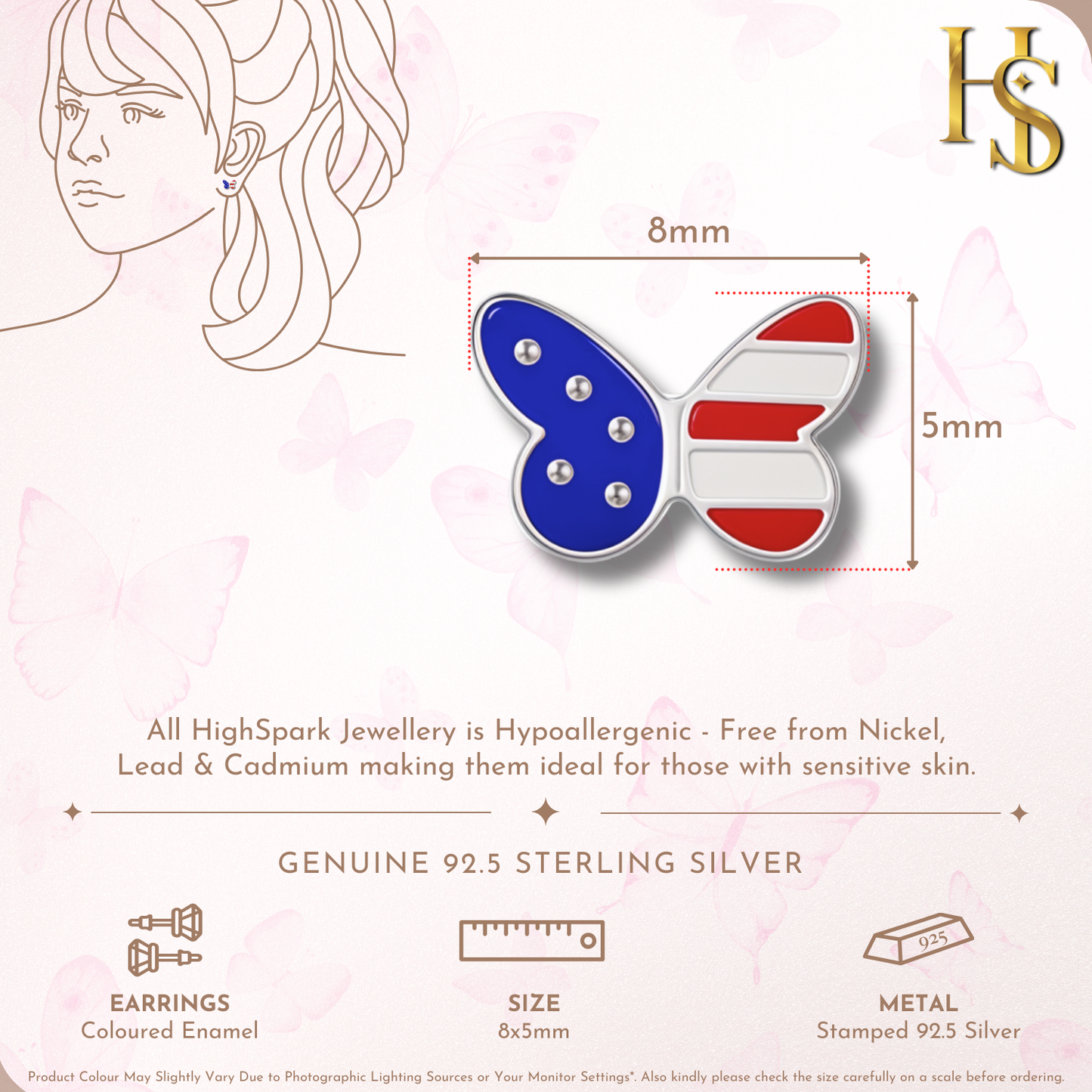 American Dream Butterfly Cute Enamel Stud Earrings in 925 Sterling Silver