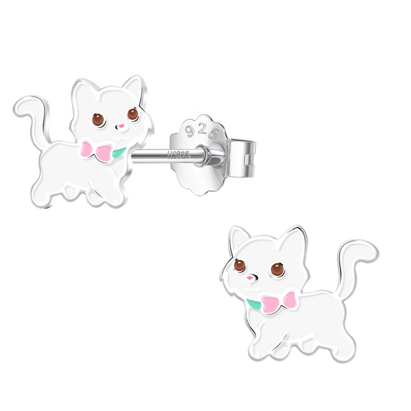 A pair of sterling silver stud earrings in the shape of a white cat with a pink and aqua enamel bow tie, on a white background.
