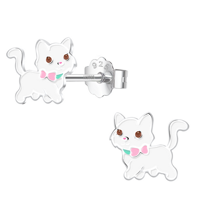 Kitty Cat Cute Enamel Stud Earrings in 925 Sterling Silver