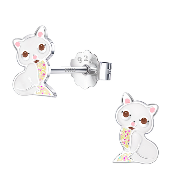 A pair of sterling silver stud earrings in the shape of a sitting kitten with white, pink, and glittery enamel details.