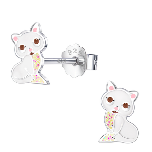 Cute Kitten Cute Enamel Stud Earrings in 925 Sterling Silver